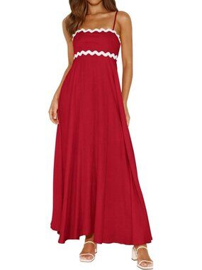 Women's Red Sleeveless Square Neck Casual Boho A LINE Imported Maxi Dress